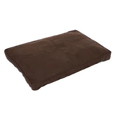 Coussin rectangulaire marron pour animal, surface en tissu, coutures visibles, fermeture éclair sur le côté droit.