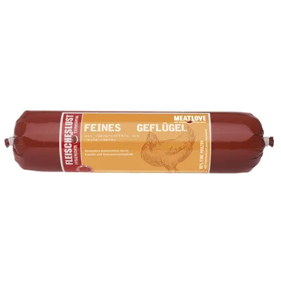 Salsiccia per animali Meatlove, etichetta con testo in tedesco: Feines Geflügel, mit Süßkartoffeln und Heidelbeeren, 80% free poultry, Fleischlust. Immagine di un pollo sull'etichetta.