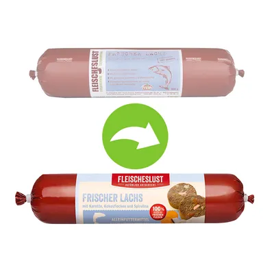 To pølser med mærket FLEISCHESLUST. Øverst: lyserød emballage, tekst 'FRISCHER LACHS'. Nederst: rød emballage, tekst 'FRISCHER LACHS', billede af foder og ingredienser.