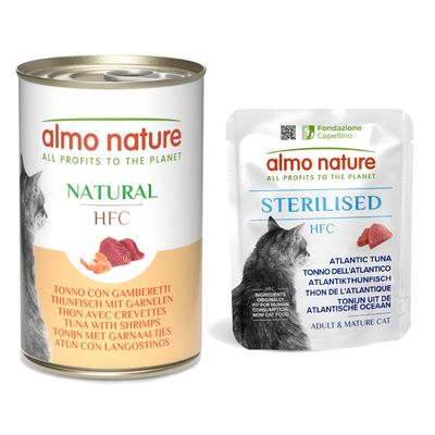 Boîte de nourriture pour chat almo nature HFC Natural, thon de l’Atlantique. Texte visible : profits 100 % to nature, owned by the animals.