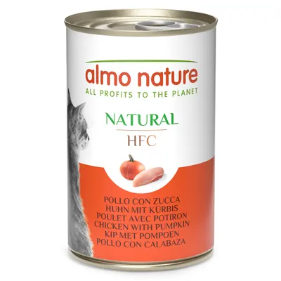 almo nature Natural HFC, poulet avec potiron. Boîte avec image de potiron et de morceaux de poulet. Dénomination du produit multilingue visible. almo nature Natural HFC, poulet avec potiron. Boîte avec image de potiron et de morceaux de poulet. Dénomination du produit multilingue visible.