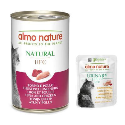 Almo Nature Natural HFC. Zutaten: Thunfisch, Huhn und Schinken. Text: All profits to the planet.