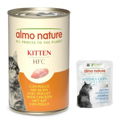 Almo Nature Natural HFC tonhal fiatal szardellával. Konzervdoboz macska motívummal és felirattal: 'All profits to the planet'.