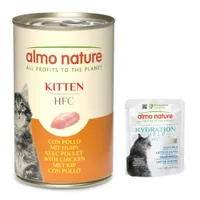 12 x 140 g Almo Nature HFC Natural  + 6 x 50 g HFC Hydration Help ingyen! - Kitten csirke (12 x 140 g) + kecsketej (6 x 50 g)