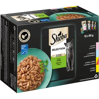 Sheba Selection in Sauce, variedad fina, 12 x 85 g. Variedades: salmón, pescado blanco, pollo y ternera. Con ingredientes naturales, certificado MSC, papel 100% reciclable.