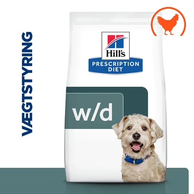 Hill's Prescription Diet w/d tørfoder med kylling, tekst 'VÆGTSTYRING' og silhuet af hund synlig på emballagen. Hill's Prescription Diet w/d tørfoder med kylling, tekst 'VÆGTSTYRING' og silhuet af hund synlig på emballagen.