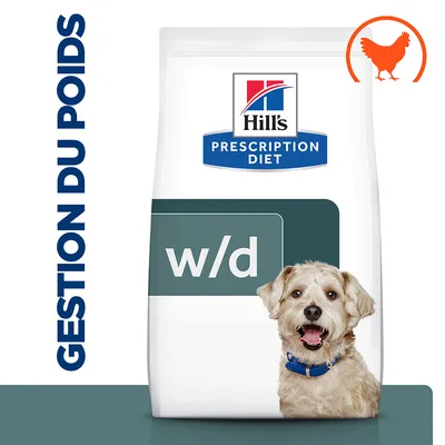 Sac Hill's Prescription Diet w/d, gestion du poids, image de poulet, texte visible : GESTION DU POIDS, chien devant l’emballage.