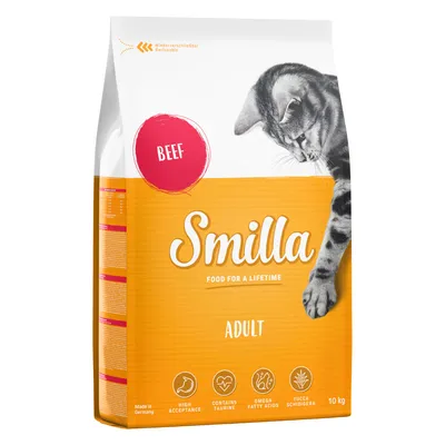 Opakowanie karmy Smilla Adult dla kotów, smak beef, 10 kg. Widoczne napisy: Food for a lifetime, high acceptance, contains taurine, omega fatty acids, yucca schidigera.