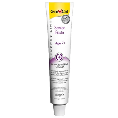 GimCat Senior Paste Age 7+, tubo de 50 g. Fórmula Balanced-Ageing. Texto visible en inglés: ayuda al envejecimiento saludable y aporta nutrientes adicionales. Sin azúcar añadido.