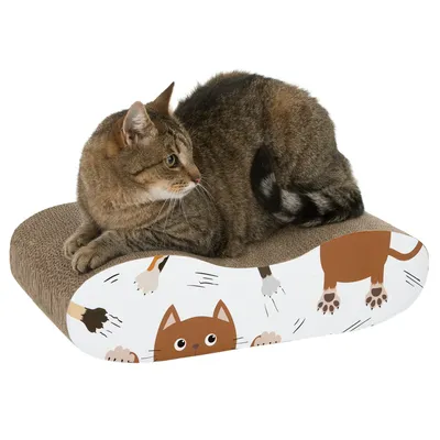 Gatto marrone sdraiato su una tavoletta tiragraffi in cartone con motivi di gatti. Prodotto per intrattenimento e cura delle artigli per gatti.