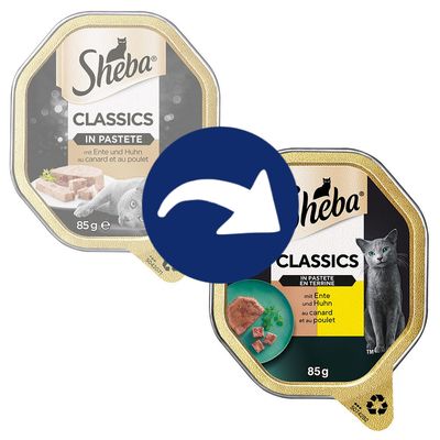 Sheba Classics in paté con anatra e pollo, 85g. Due confezioni con motivo di gatto e simbolo di riciclo visibili.