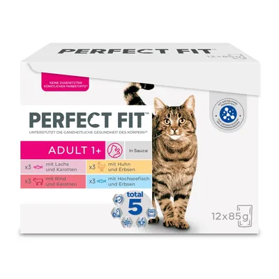 Perfect Fit Adult 1+ in sauce, 12x85g. Contains salmon and carrots, beef and carrots, chicken and peas, ocean fish and peas. No added artificial colourants.