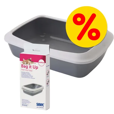 Kattenbak met witte rand en verpakking Savic Bag it Up litter tray bags medium, 42 x 32 cm. Gele kortingscirkel met rood procentteken zichtbaar.