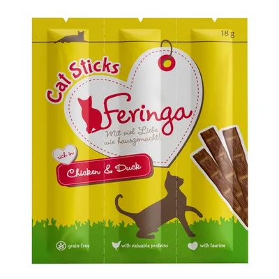 Feringa Cat Sticks, confezione da 18 g, ricco in Chicken & Duck. Testo visibile: grain-free, with valuable proteins, with taurine. Immagine di tre stick per gatti.