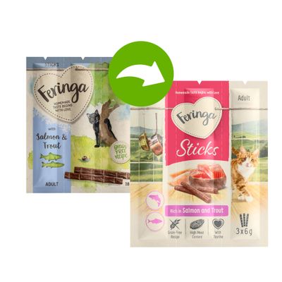 Feringa Sticks für erwachsene Katzen, reich an Lachs und Forelle, getreidefreie Rezeptur, 18g.