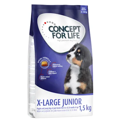 Sac Concept for Life X-Large Junior 1,5 kg, pour chiots de grandes races, poids adulte 45–100 kg, mentions visibles : Special Formula, Harmonized muscle building, Cartilage & joint support, Boosts natural defences.