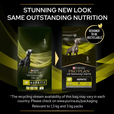 Comparison of old and new Pro Plan Veterinary Diets HP Hepatic packaging, highlighting a new recyclable design with the message 'Stunning new look, same outstanding nutrition'.