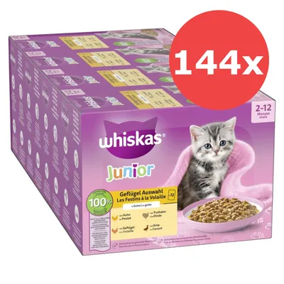 Jumbopack Whiskas Junior Frischebeutel 144 x 85 g - Geflügelauswahl in Gelee