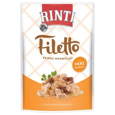 RINTI Filetto Feines Huhnfilet, mit Herz in Jelly. Billede af kyllingefileter og hjerte i gelé på emballagen. Tekst: Leichter Genuss.