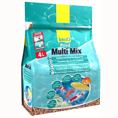 Tetra Pond Multi Mix 4L, täysravintosekoitus allaskaloille. Pakkauksessa näkyy kaloja ja teksti 'NEW + Wafer', useita kieliä sekä Premium Quality -merkki. Tetra Pond Multi Mix 4L, täysravintosekoitus allaskaloille. Pakkauksessa näkyy kaloja ja teksti 'NEW + Wafer', useita kieliä sekä Premium Quality -merkki.