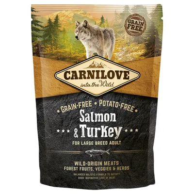 Carnilove into the Wild, без зерна, без картофеля, лосось и индейка для крупных взрослых собак. Мясо диких животных, лесные ягоды, овощи и травы.