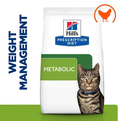 Prescription Diet Metabolic food for weight management, with a chicken symbol and an image of a cat on the packaging.