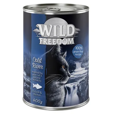 Wild Freedom Cold River cibo per gatti, lattina da 400g, con pollock e pollo, ricetta 100% senza cereali, ispirata agli istinti naturali del gatto.