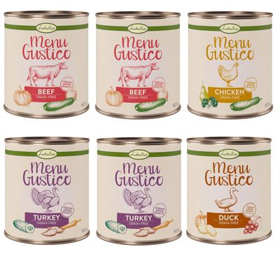 Lukullus Menu Gustico vegyes próbacsomag 6 x 800 g 4 fajtával (2x pulyka, 2x marha, 1 csirke, 1x kacsa)