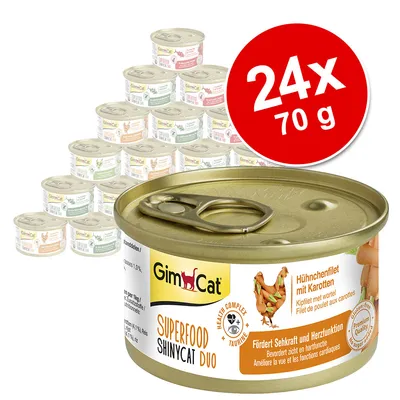 GimCat Superfood ShinyCat Duo, kuřecí filet s mrkví, 24x 70g. Podporuje zrak a srdeční funkci, Health Complex s taurinem, bez lepku, prémiová kvalita.