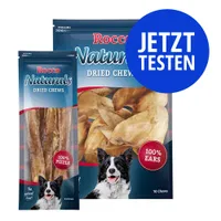 Rocco Naturals Dried Chews, Verpackungen mit Aufschriften: 100% Pizzle, 100% Ears. Blauer Kreis mit Text: JETZT TESTEN.