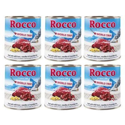 Lot de 6 boîtes Rocco World Trip, bœuf avec sanglier, nouilles et airelles, texte en anglais : Beef with wild boar, noodles & lingonberries, chaque boîte 800 g.
