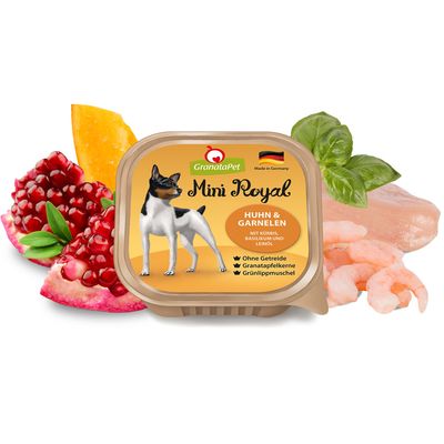 GranataPet Mini Royal, multipack da 6, senza cereali, semi di melograno, cozza verde. Varianti: vitello e coniglio, agnello e patate, pollo e gamberi, salmone e tacchino, selvaggina e manzo Angus, anatra e oca.