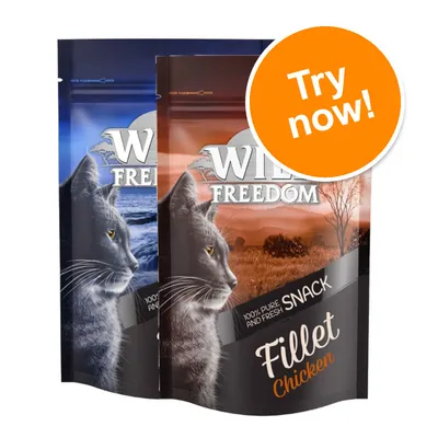 Wild Freedom Fillet Chicken cat snack packaging, visible text: 100% pure and fresh snack, Fillet Chicken. Orange badge with white text: Try now!