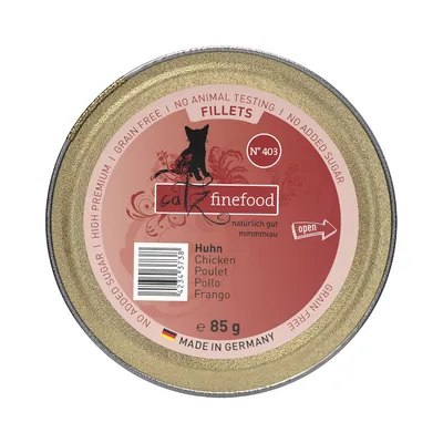 Boîte catz finefood N°403, filet de poulet 85 g, sans céréales ni sucre ajouté, non testé sur les animaux, fabriqué en Allemagne. Texte multilingue : Huhn, Chicken, Poulet, Pollo, Frango.