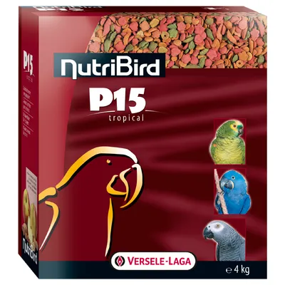 Confezione NutriBird P15 tropical Versele-Laga, 4 kg, con immagini di tre pappagalli e crocchette visibili nella parte superiore.