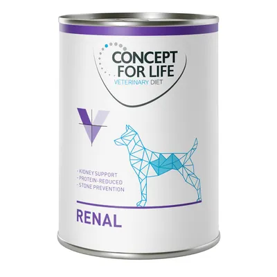 Concept for Life Veterinary Diet Renal. Supports kidneys, reduced protein, preventive against stones. Image of a geometric dog and purple V symbol.