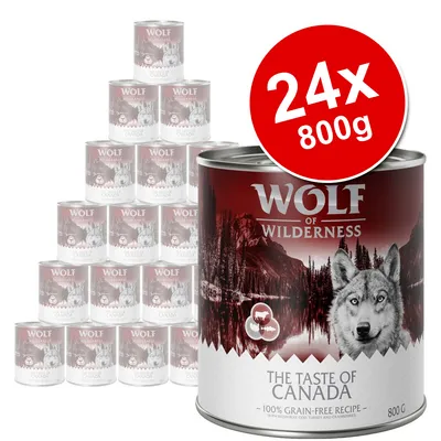 Wolf of Wilderness The Taste of Canada 24x800g tins, 100% grain-free recipe, visible branding and product name on packaging