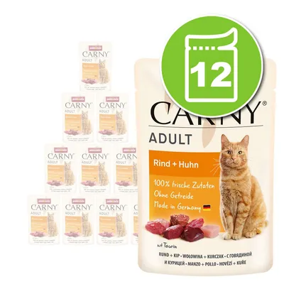 Lot de 12 sachets Carny Adult Rind + Huhn pour chat, texte visible : 100% frische Zutaten, Ohne Getreide, Made in Germany, avec image d’un chat et morceaux de viande sur l’emballage. Lot de 12 sachets Carny Adult Rind + Huhn pour chat, texte visible : 100% frische Zutaten, Ohne Getreide, Made in Germany, avec image d’un chat et morceaux de viande sur l’emballage.