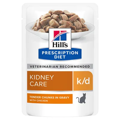 Hill's Prescription Diet Kidney Care k/d, Tender Chunks in Gravy mit Huhn. Tierärztlich empfohlen. Verpackung zeigt Katzenfutter in Sosse.