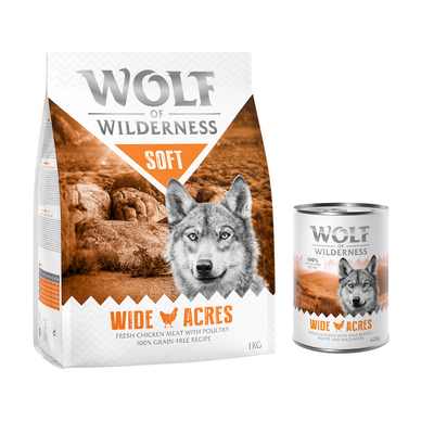 Wolf of Wilderness Green Fields 1 kg, ricetta 100% grain-free, e lattina Wild Hills. Etichetta arancione con testo: Provami!