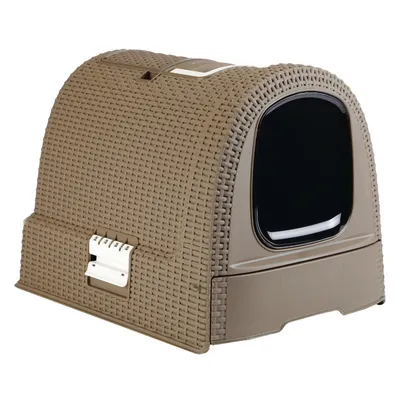 Maison de toilette pour chat en plastique marron avec porte battante noire et surface à motif tressé, poignée blanche sur le dessus, fermetures latérales visibles.