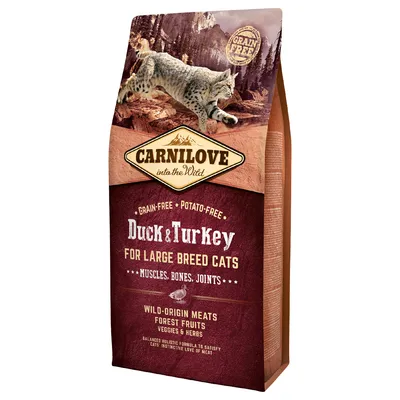 Sac Carnilove into the Wild Duck & Turkey for Large Breed Cats, grain-free, potato-free. Texte visible : muscles, bones, joints, wild-origin meats, forest fruits, veggies & herbs.