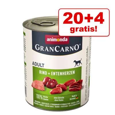animonda GranCarno Adult Rind + Entenherzen, 100% frische Zutaten, zonder granen of gluten, Made in Germany. Actie: 20+4 gratis!