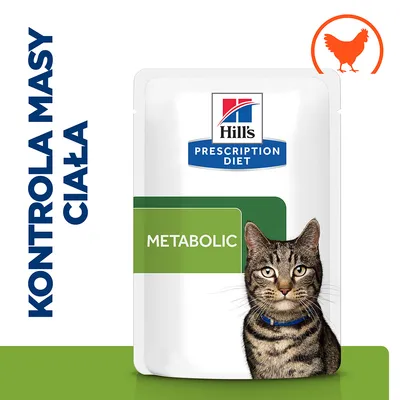Hill's Prescription Diet Metabolic dla kotów, kontrola masy ciała, opakowanie z wizerunkiem kota i symbolem kurczaka. Widoczny napis: KONTROLA MASY CIAŁA.
