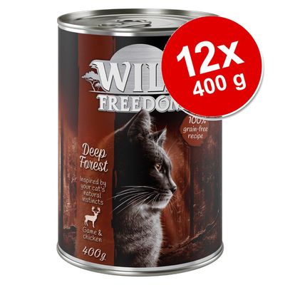 Wild Freedom Deep Forest kattemad, 12×400 g. Tekst: 100% grain-free recipe, Inspired by your cat's natural instincts, Game & chicken, 400 g.