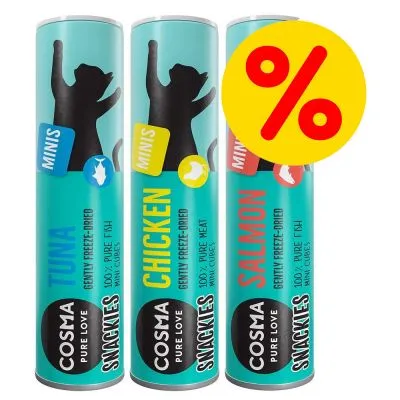 Trzy tuby Cosma Snackies Minis: TUNA, CHICKEN, SALMON. Widoczne napisy: 100% pure fish/meat, gently freeze-dried. Na prawej tubie żółta etykieta z czerwonym symbolem procentu.