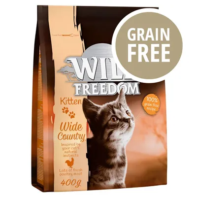 Confezione Wild Freedom Kitten Wide Country 400g, scritte: 'GRAIN FREE', '100% grain-free recipe', 'Lots of fresh poultry meat', immagine di un gattino sul fronte. Confezione Wild Freedom Kitten Wide Country 400g, scritte: 'GRAIN FREE', '100% grain-free recipe', 'Lots of fresh poultry meat', immagine di un gattino sul fronte.