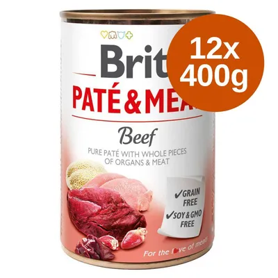 Brit Paté & Meat Beef marhahúsos konzerv, 12x400g. Felirat: Grain free, Soy & GMO free. Tiszta pástétom egész húsdarabokkal és belsőségekkel.