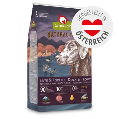 GranataPet Natural Taste Ente & Forelle, mit extra viel Frischfleisch. Hergestellt in Österreich. 90% Ente, Forelle, Geflügel, 10% Öle, 0% Getreide, Granatapfelkerne, Lachsöl.