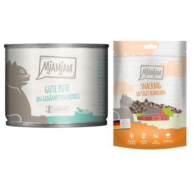 MjAMjAM Kombi-Paket: 12 x 200 g Nassfutter + 3 x 125 g Snackbag saftiges Hühnchen - gute Pute an gedämpftem Kürbis 12 x 200 g + Snackbag saftiges Hühnchen 3 x 125 g